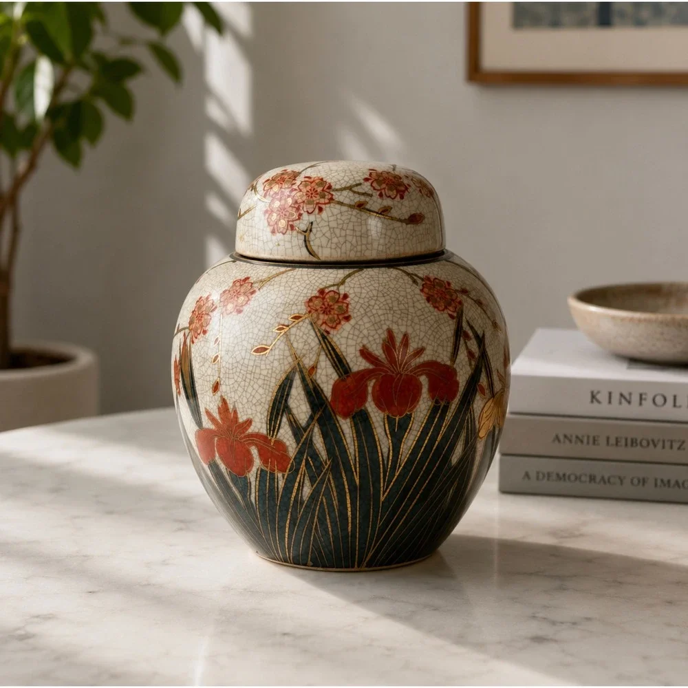 Vintage Style Ginger Jar Crackle Glaze Floral Iris Gold Gilt Ceramic Vase